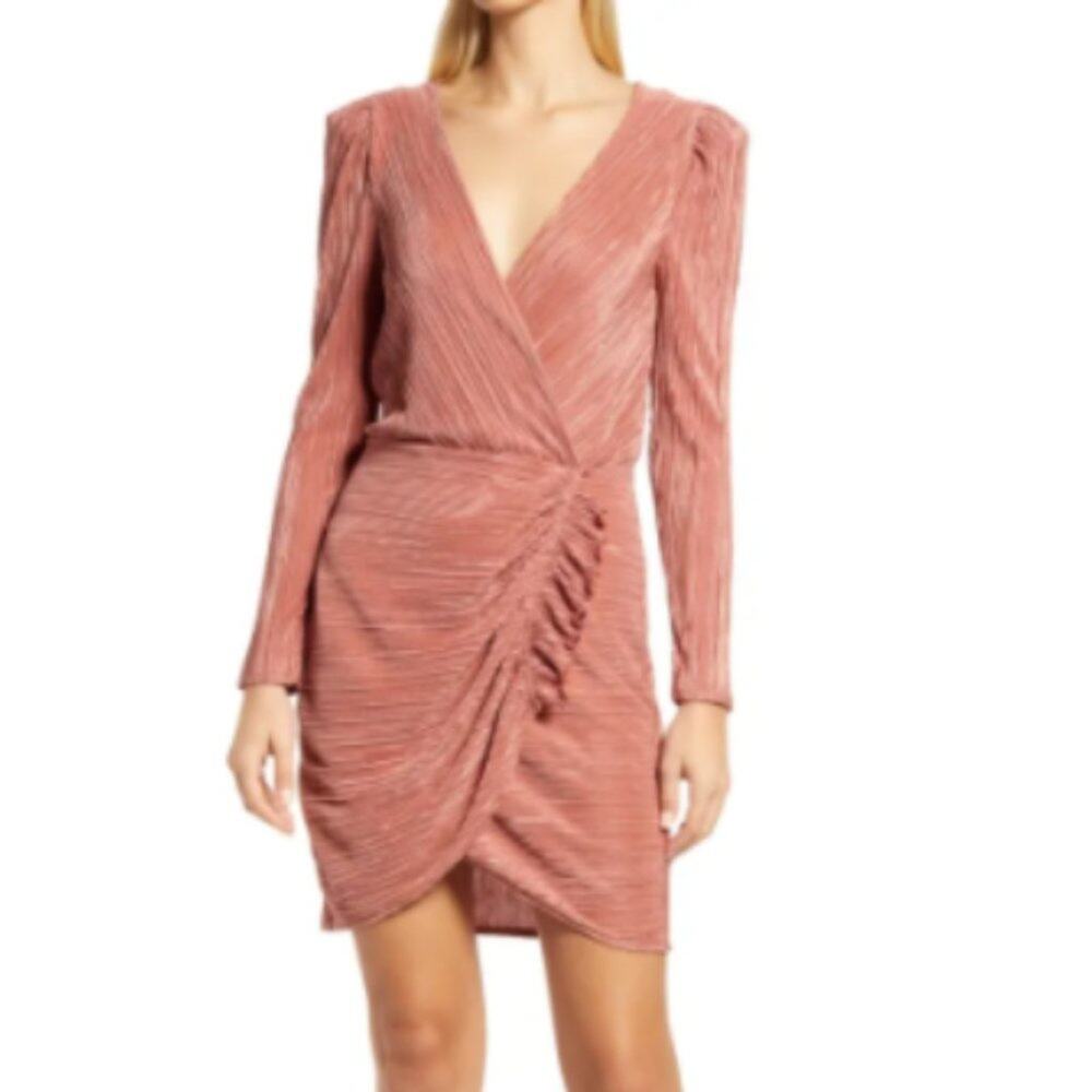 Halogen Pink Plisse Long Sleeve Faux Wrap Dress